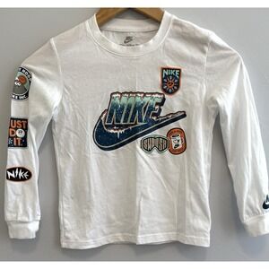 Nike Boys Long Sleeve Shirt M 5-6 Winter Snow Logo Graphic White Patch Tee